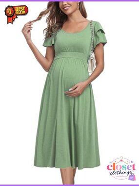 Ruffle Short Sleeve Maternity Midi Dress High Waisted A-Line Baby Shower